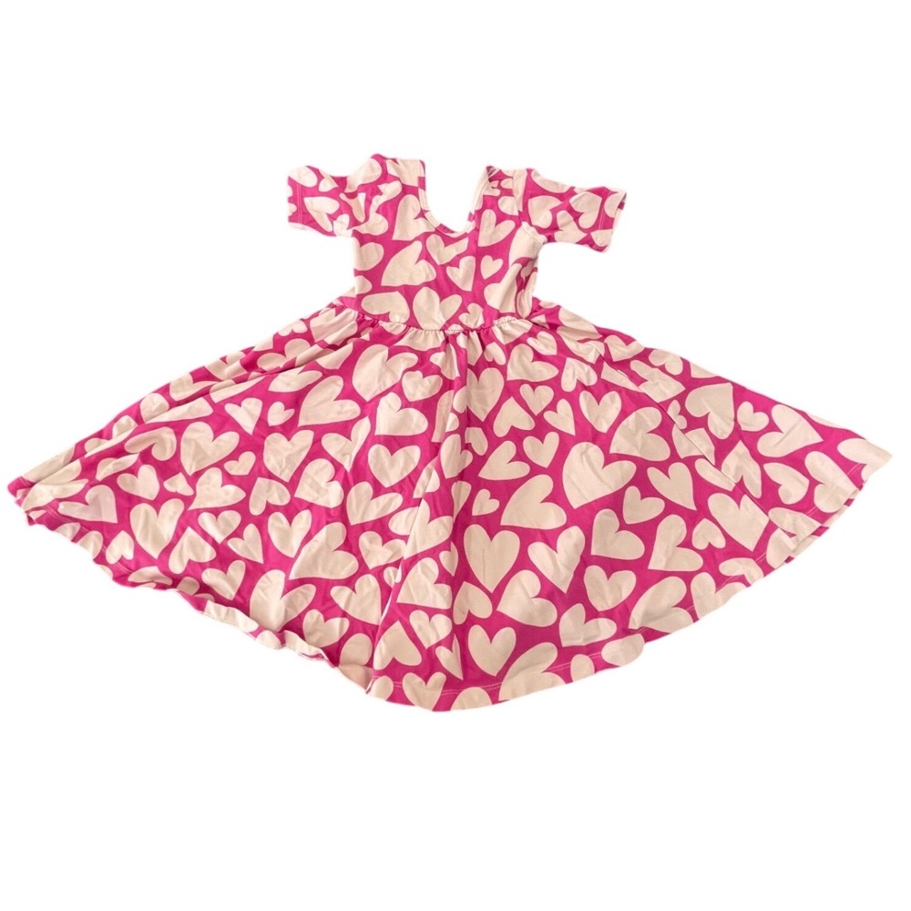 Poppy Kids Co Girls Pink White Heart Print Twirl Dress Short Sleeve 5T I09